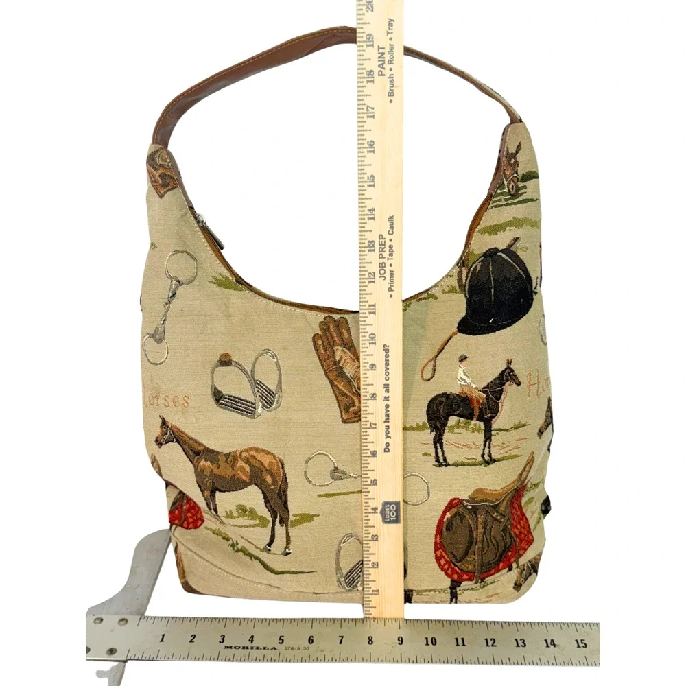 Signare Hobo Bag English Horse Riding Equestrian Print Tan Woven Tapestry Purse